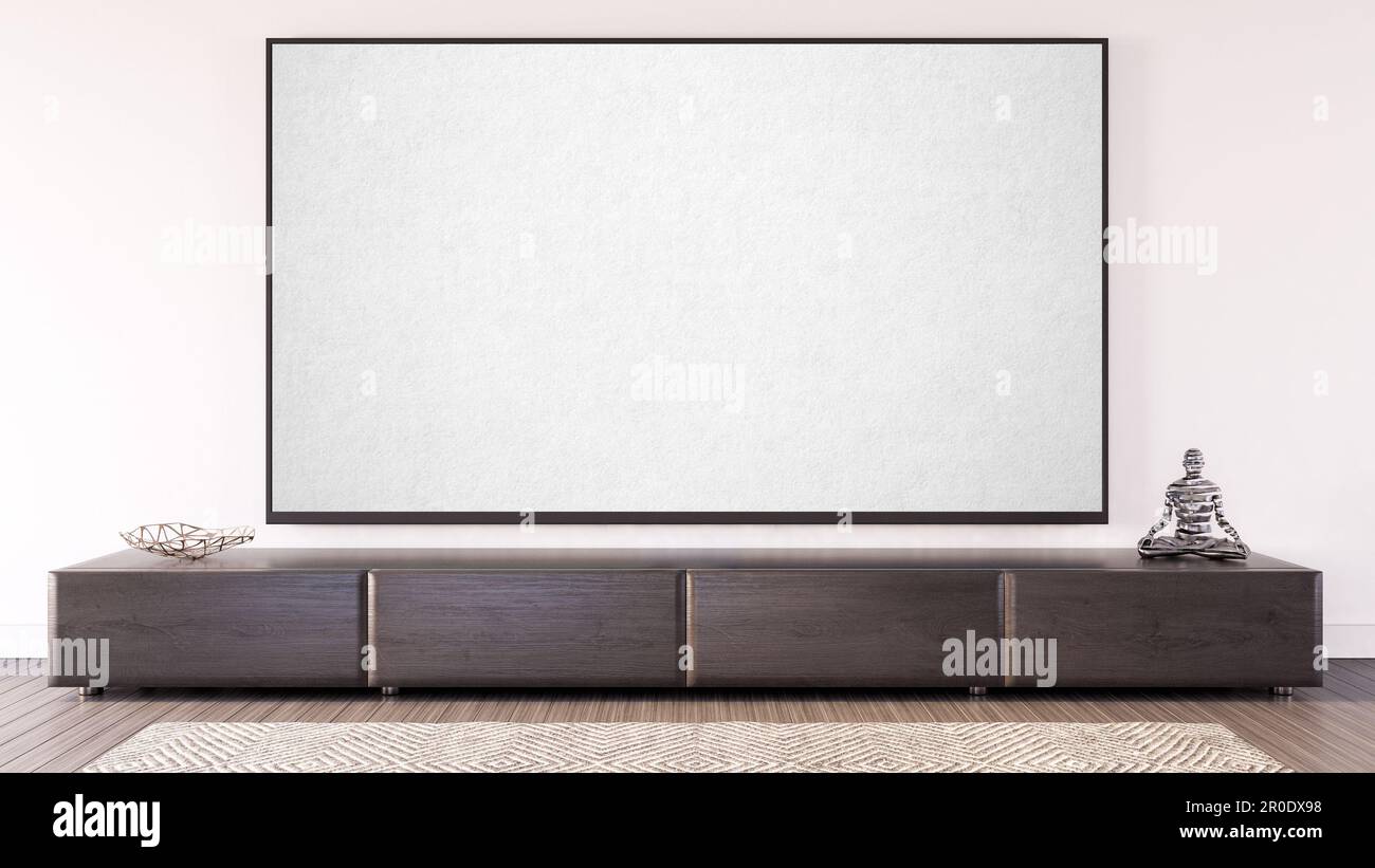 Moderno soggiorno con TV LED con spazio copia sulla parete sopra la cassettiera 3D Render Foto Stock