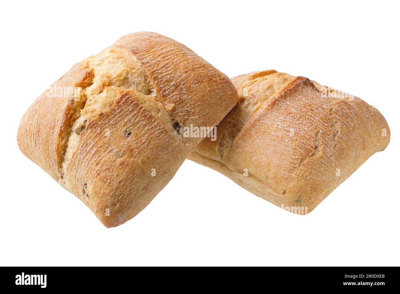 Tradizionale pane italiano fatto in casa, ciabatta, con olive nere, isolato su sfondo bianco Foto Stock