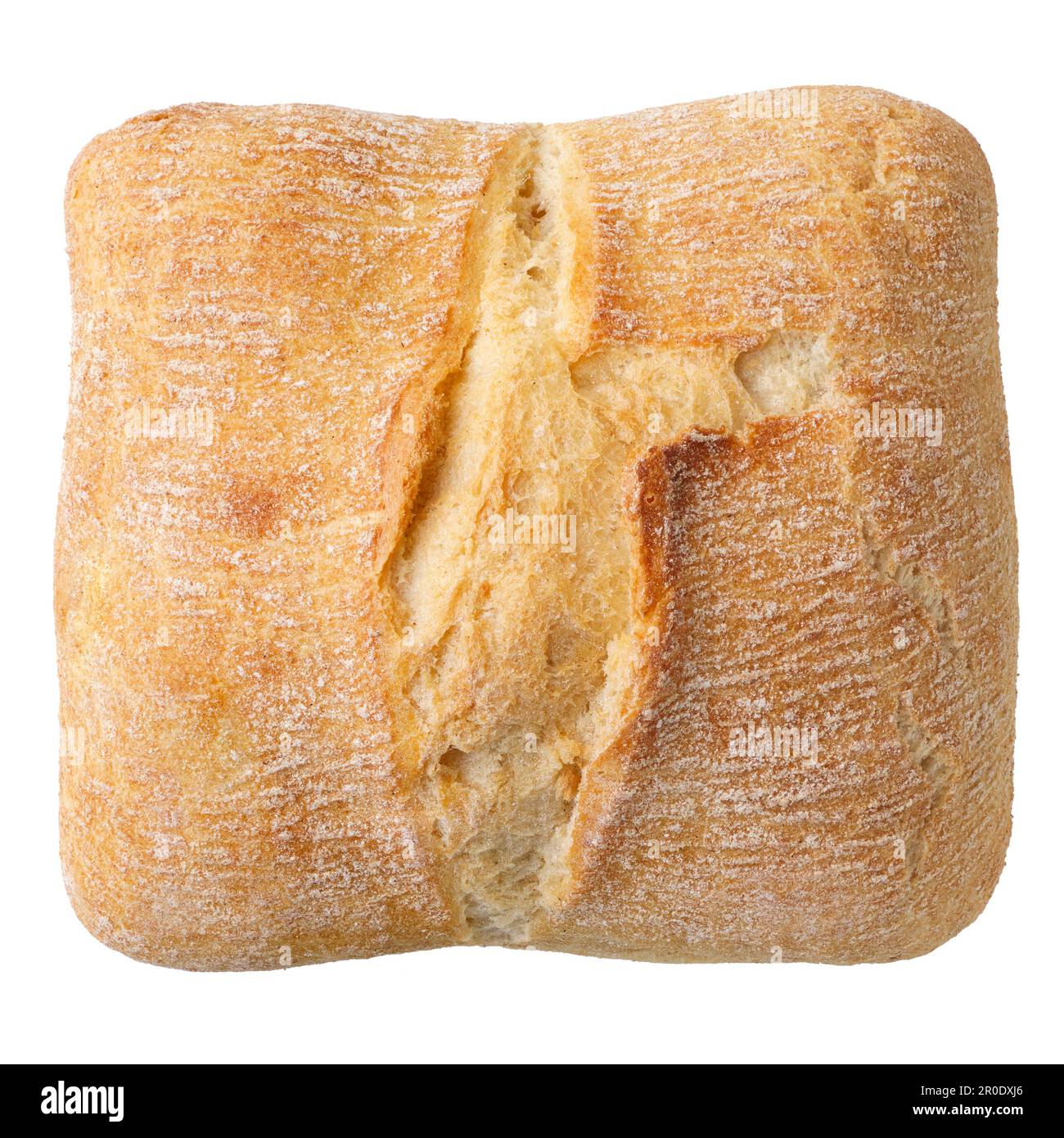 Tradizionale pane italiano fatto in casa, ciabatta, con olive nere, isolato su sfondo bianco Foto Stock