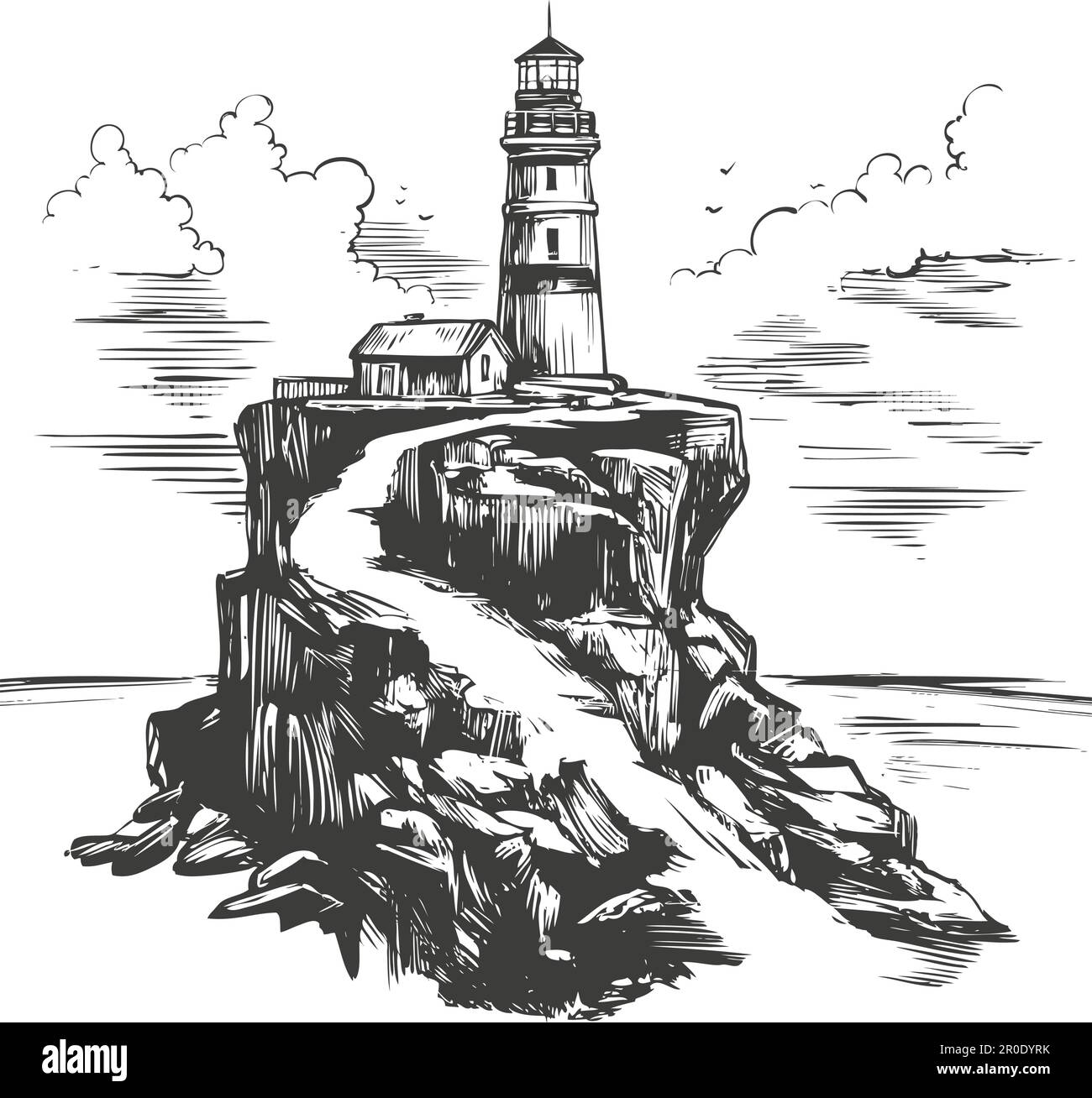 Faro e il mare paesaggio disegnato a mano illustrazione vettoriale disegno realistico Illustrazione Vettoriale