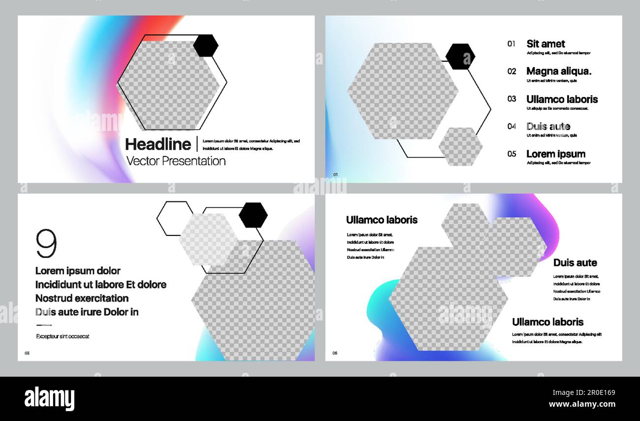 I modelli di presentazione creativa sono elementi su sfondo bianco. Infografiche vettoriali. Illustrazione Vettoriale