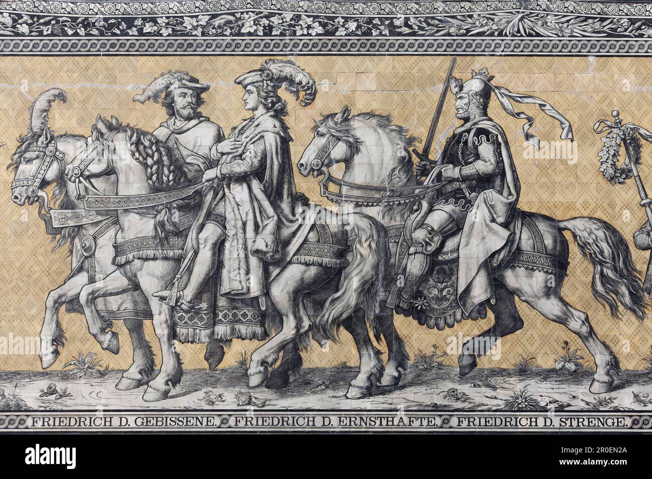 Processione dei principi, dettaglio, figure di Federico il morso, il serio, l'austero, 14th ° secolo, murale su piastrelle della porcellana Meissen Foto Stock