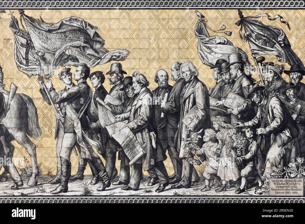 Processione dei principi, dettaglio, gruppo di artisti, studenti, scienziati e cittadini, Murale su piastrelle della fabbrica di porcellane Meissen di Dresda Foto Stock
