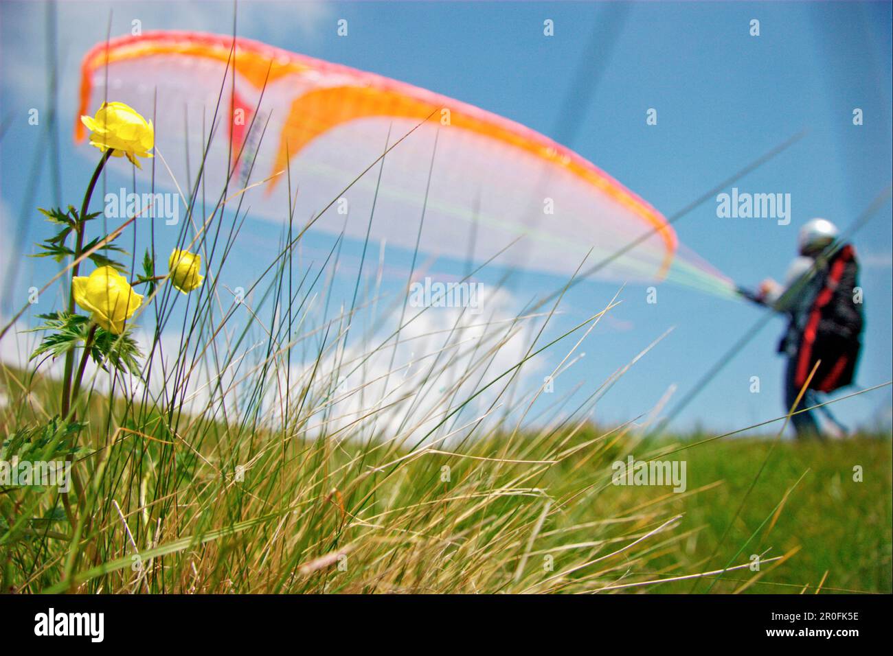 Decollo del parapendio, alta Baviera, Germania Foto Stock