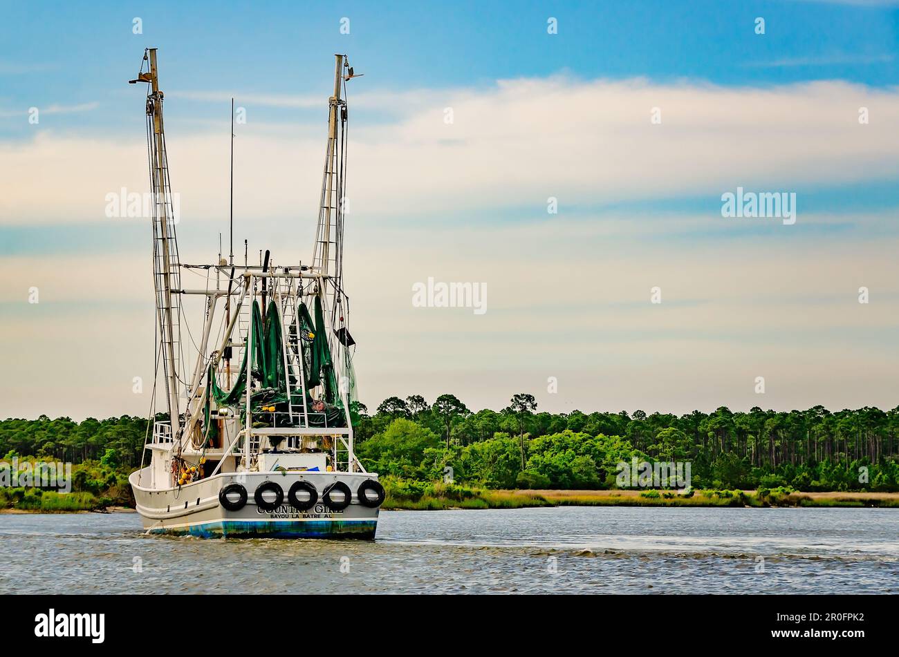 Country Girl gamberetti barca a casa, 2 maggio 2023, a Bayou la Batre, Alabama. Foto Stock