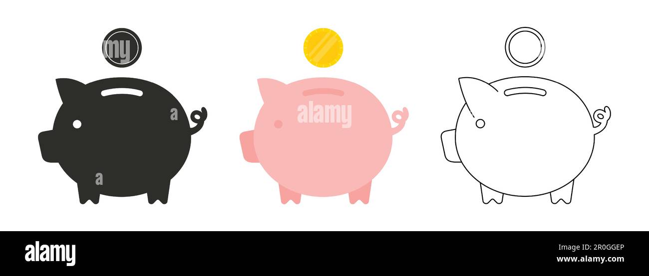 Icona di un piggy bank. Maialino banca risparmio denaro icona in stile diverso. Baby porcellino banca. Illustrazione piatta vettoriale Illustrazione Vettoriale