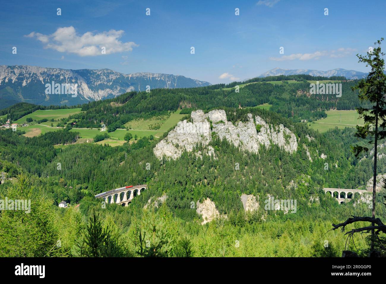 Treno che passa per il viadotto di Kalte Rinn, la catena di Rax sullo sfondo, la ferrovia di Semmering, patrimonio dell'umanità dell'UNESCO, la ferrovia di Semmering, bassa Austria, Austria Foto Stock