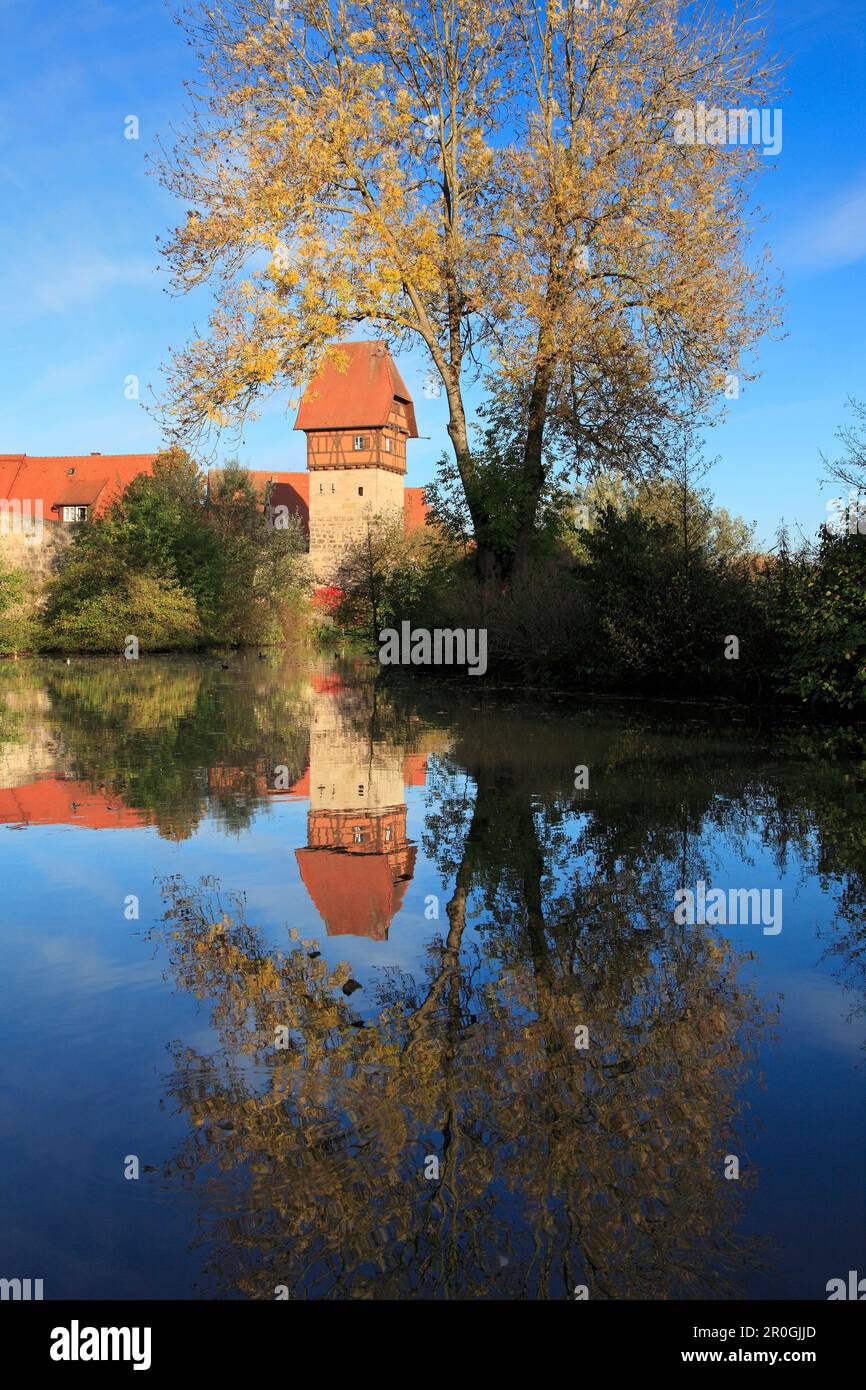 Vista sul fiume Wornitz fino alla Torre di Baeuerlin, Dinkelsbuehl, Franconia, Baviera, Germania Foto Stock