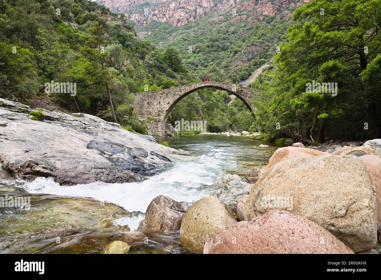 Ponte in pietra genovese Ponte a Zaglia, Gola Spelunca, Ota, Corsica, Francia Foto Stock