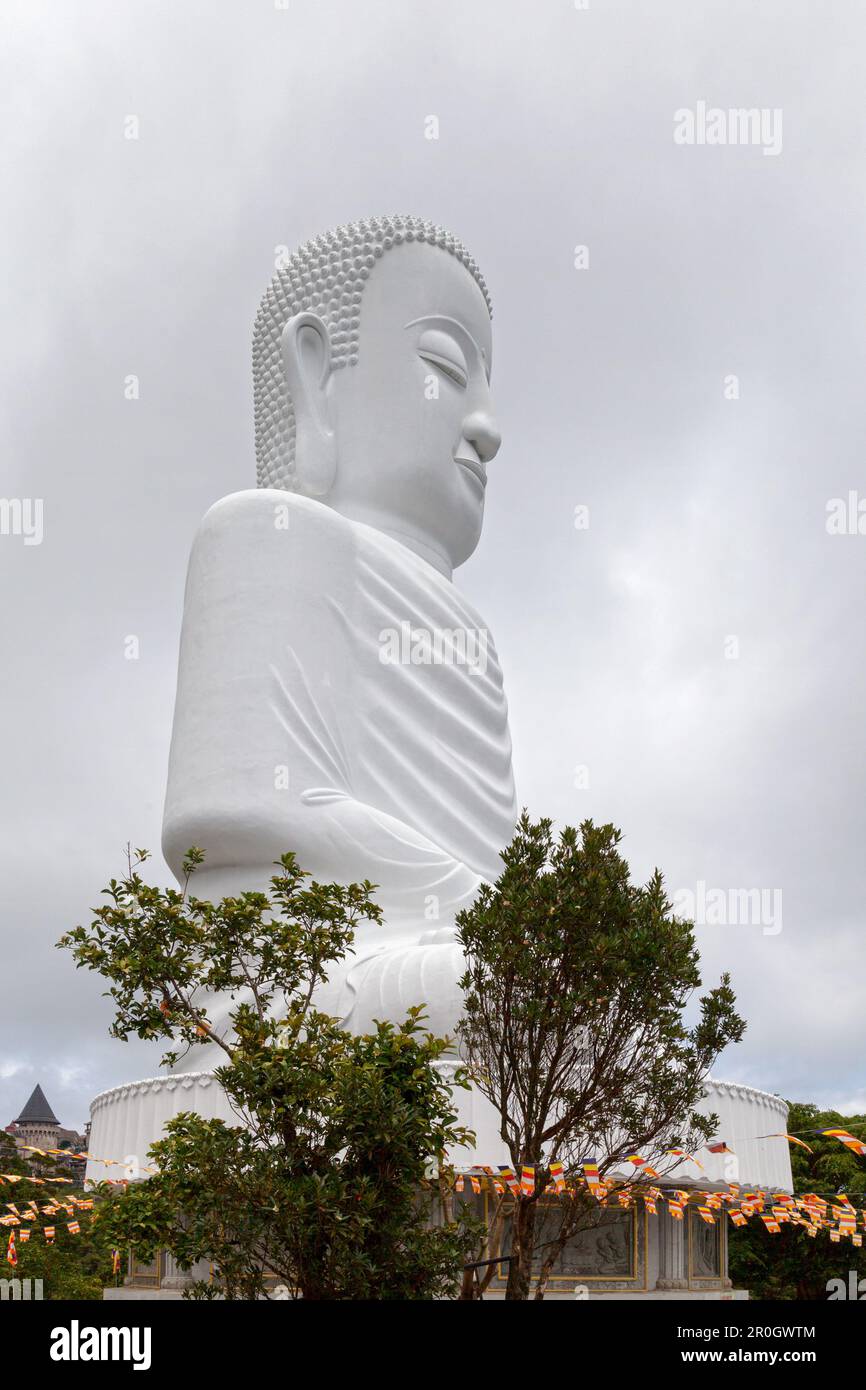 Statua di Buddha bianco alla Pagoda Linh Ung sulle colline di Bà Nà in Vietnam. Foto Stock
