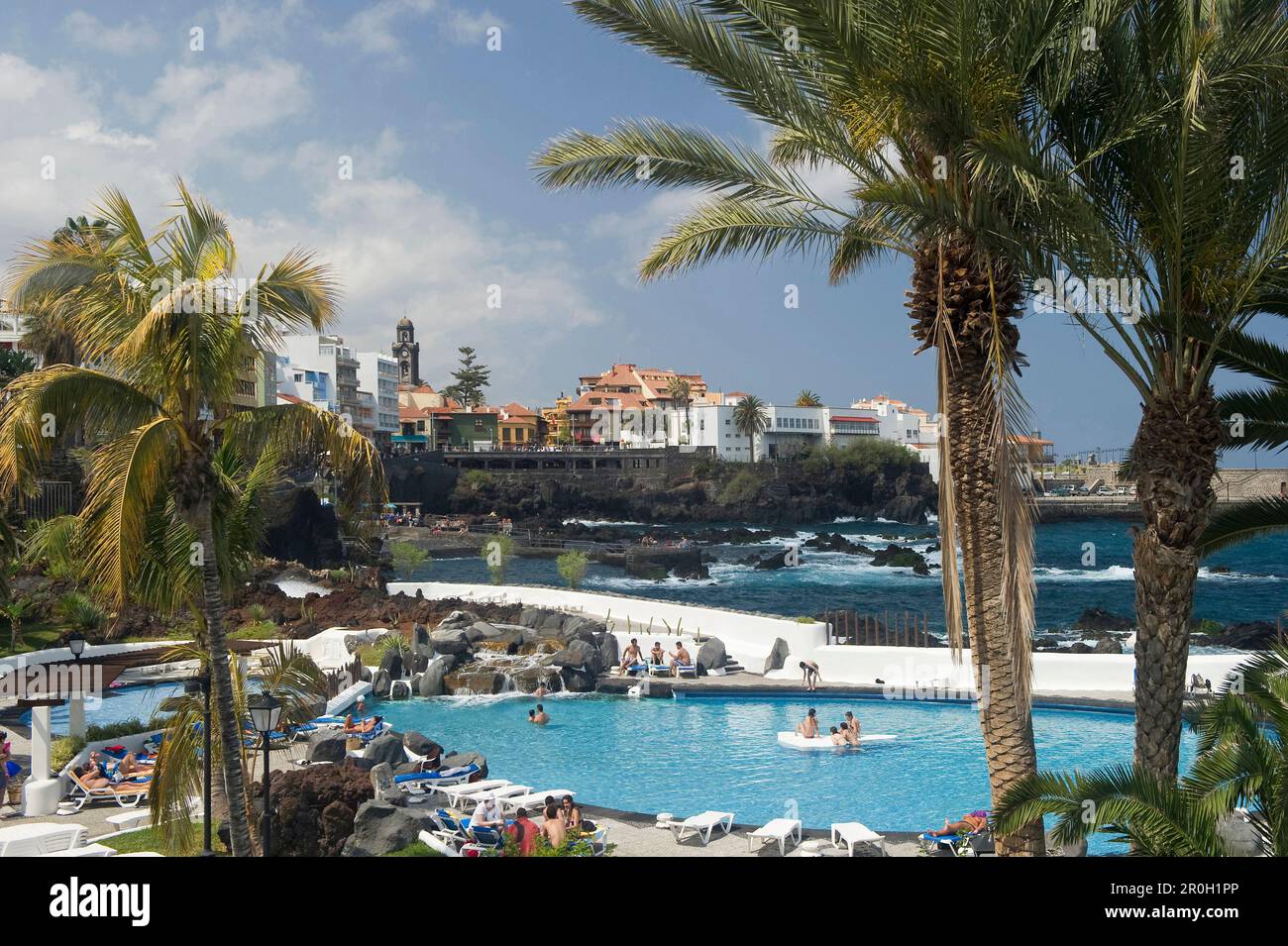 Palme presso le piscine Martianez progettato da Cesar Manrique, Puerto de la Cruz, Tenerife, Isole Canarie, Spagna, Europa Foto Stock