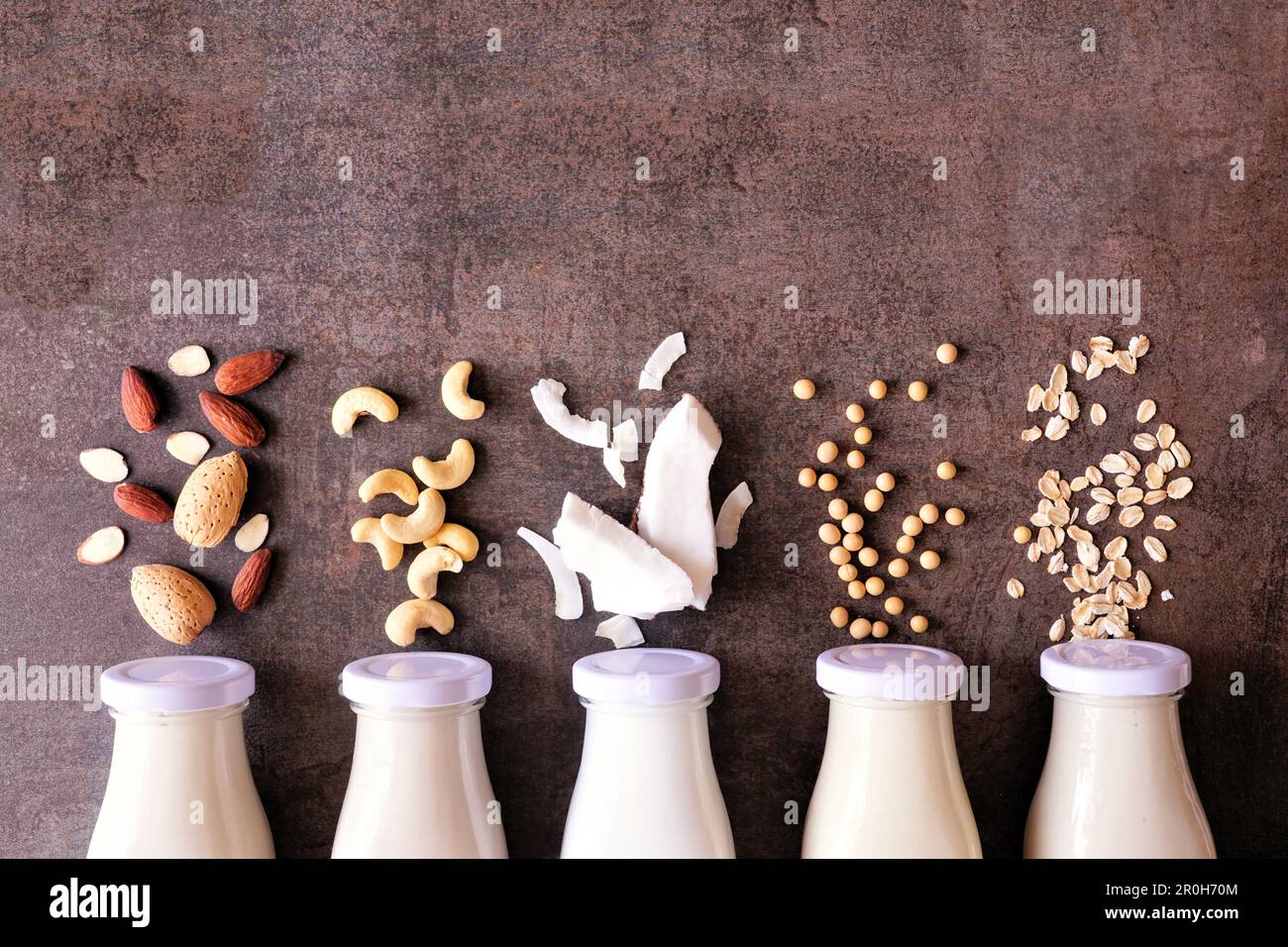 Latte vegetale vegano non a base di latte. Varietà di bottiglie di latte con ingredienti. Vista dall'alto verso il basso su uno sfondo di pietra marrone. Foto Stock