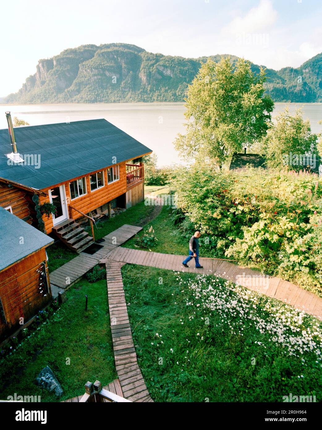 USA, Alaska, Redoubt Bay Lodge, uomo a piedi con la canna da pesca a mosca, vista elevata Foto Stock