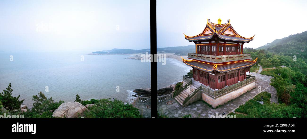 CINA, vista elevata del tempio buddista e della spiaggia a cento passi, Putuoshan Foto Stock