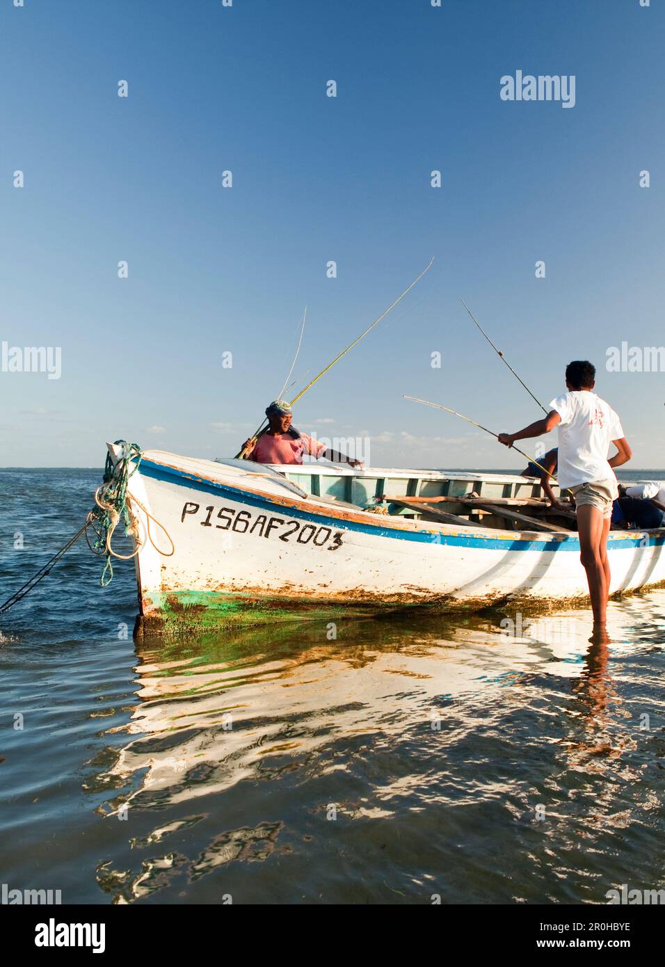 Maurizio, i pescatori a tirare le loro aste di una barca dopo una giornata di pesca, Bel Ombre, Oceano Indiano Foto Stock