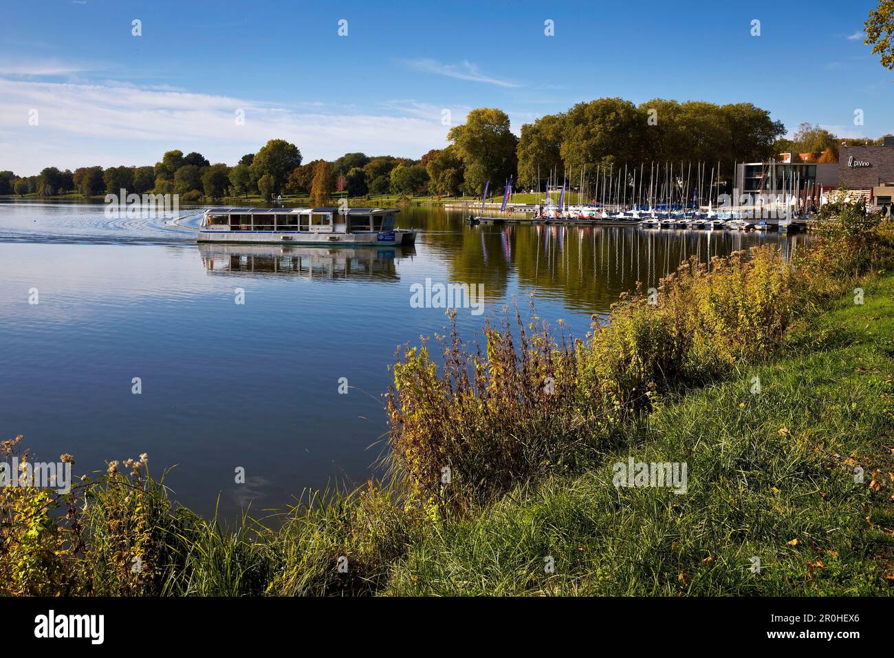 Nave da crociera sul lago Aasee, Germania, Renania settentrionale-Vestfalia, Munster Foto Stock