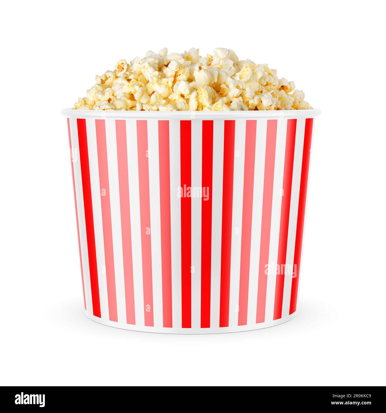 Secchio di popcorn con strisce rosse isolate su sfondo bianco. Foto Stock