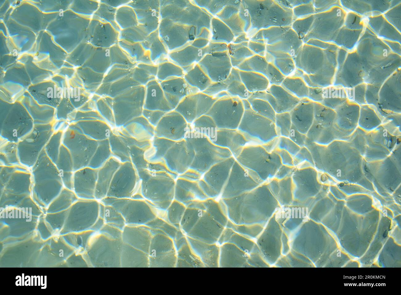 Fondo acqua di mare con luce solare caustica, colore verde. Foto Stock