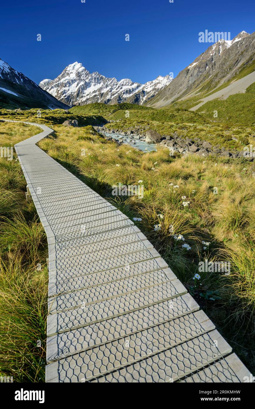 Percorso che conduce attraverso la valle di Hooker verso Mount Cook, Hooker Valley, Mount Cook National Park, UNESCO Welterbe te Wahipounamu, Lago Pukaki, Canterbu Foto Stock