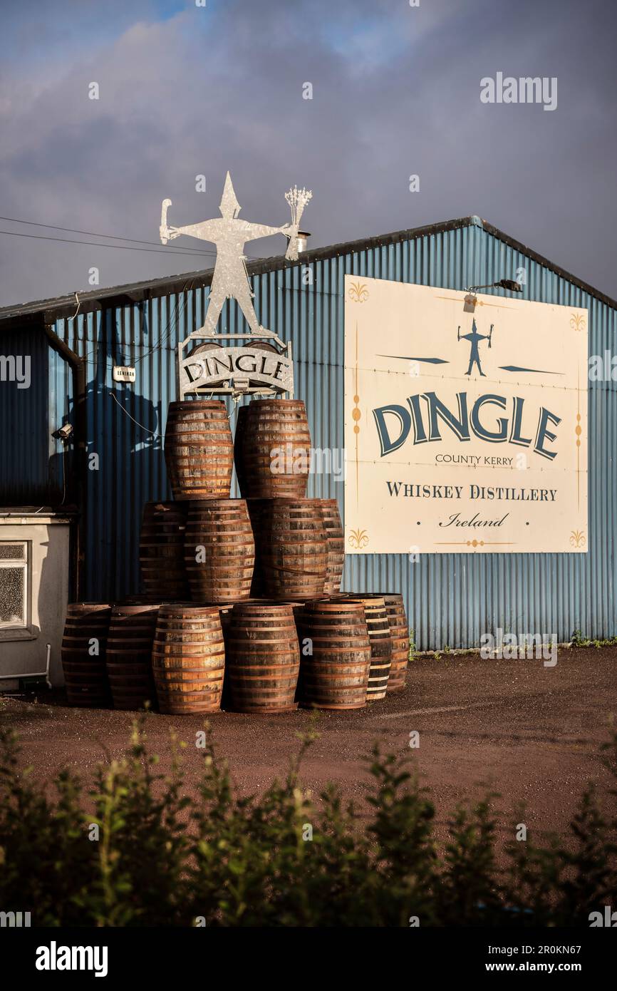 Botti di whisky e logo della distilleria di whisky di Dingle, penisola di Dingle, Slea Head Drive, contea di Kerry, Irlanda, Wild Atlantic Way, Europa Foto Stock