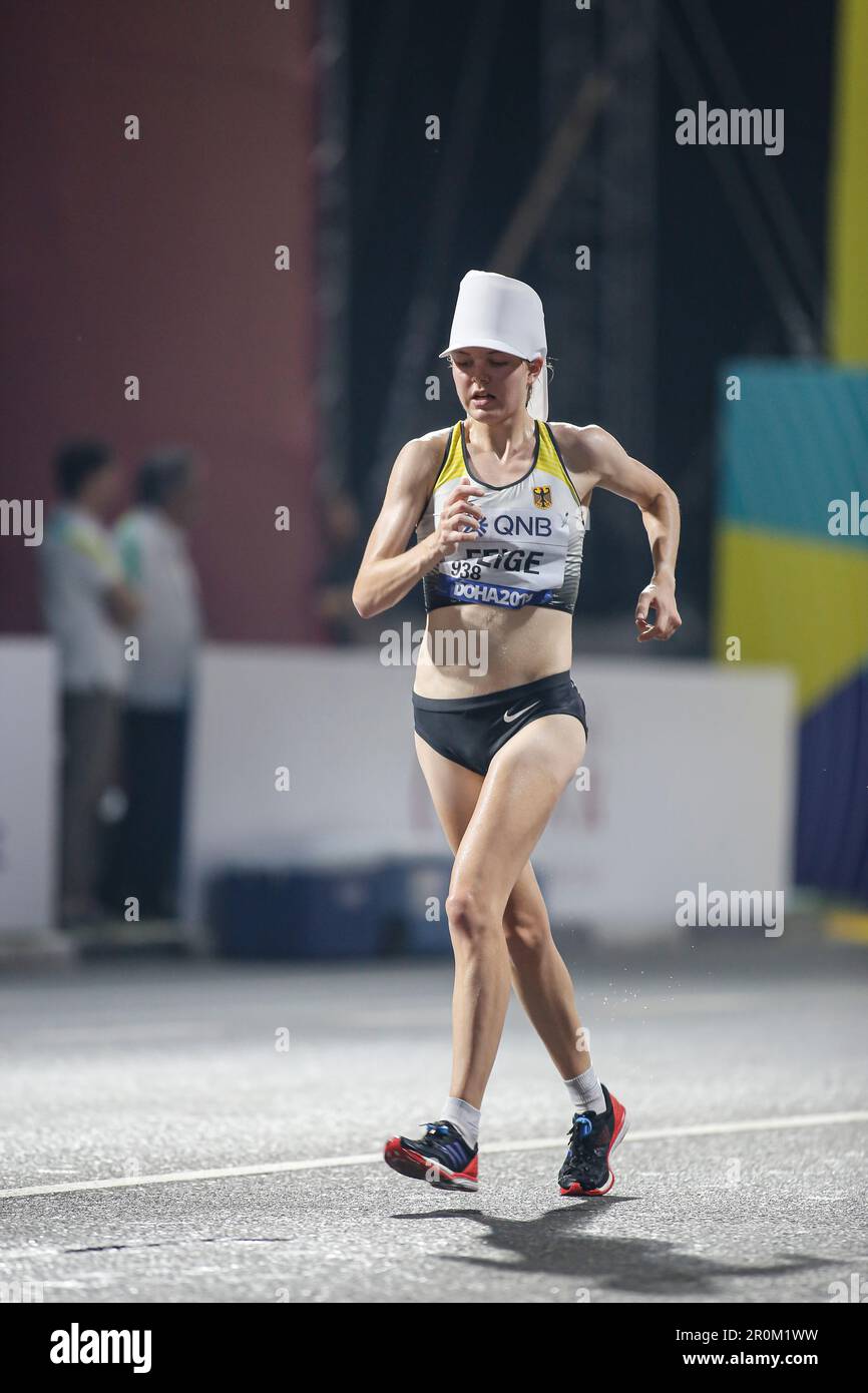 Saskia FEIGE gestisce la passeggiata di 20 chilometri ai Campionati Mondiali di Atletica del 2019 a Doha. Foto Stock