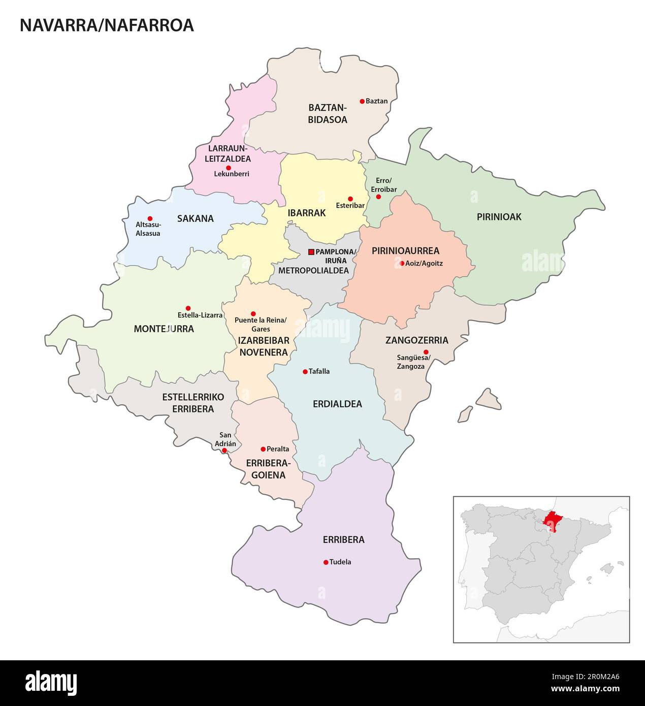 Mappa amministrativa delle regioni della comunità autonoma spagnola della Navarra Foto Stock