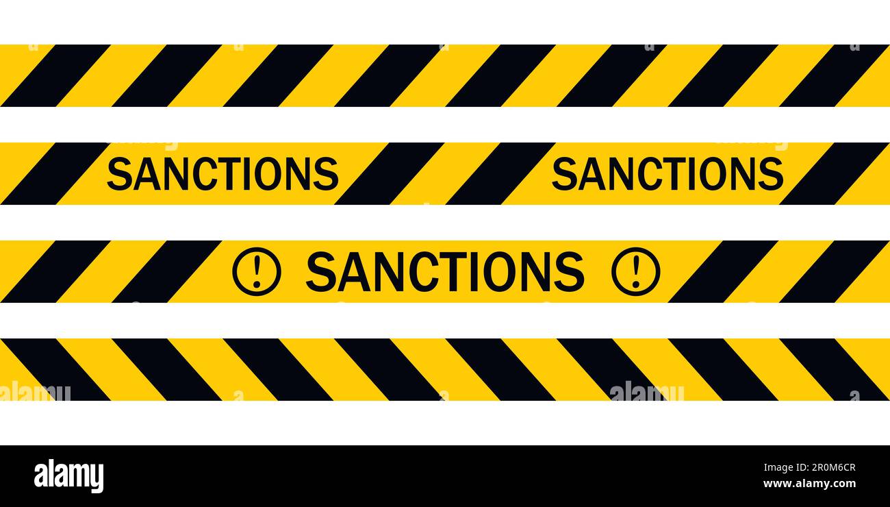 Nastro di avvertimento giallo con l'iscrizione SANZIONI, nastri di avvertimento Vector circa l'introduzione di sanzioni Illustrazione Vettoriale
