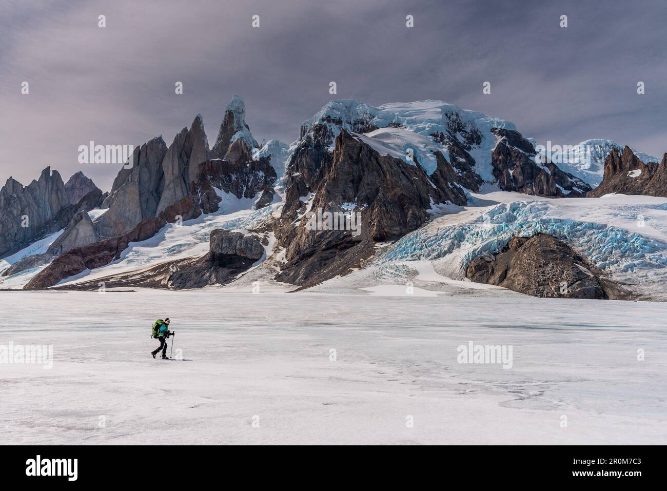 Scalatore su superficie ghiacciata del campo de Hielo sur, Cerro Torre sullo sfondo, Parco Nazionale Los Glaciares, Patagonia, Argentina Foto Stock