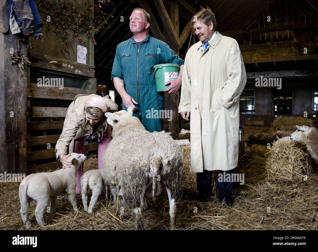 Isole Wadden, Paesi Bassi. 09th maggio, 2023. DEN BURG - Re Willem-Alexander e Regina Maxima posa in una stalla tra le pecore. Hanno parlato con gli imprenditori di Texel nella fattoria di pecore De Waddel di imprenditorialità e sviluppo a prova di futuro e clima-adattivo. La coppia reale pagherà una visita regionale di due giorni alle Isole Wadden. ANP SEM VAN DER WAL netherlands OUT - belgium OUT Credit: ANP/Alamy Live News Credit: ANP/Alamy Live News Foto Stock