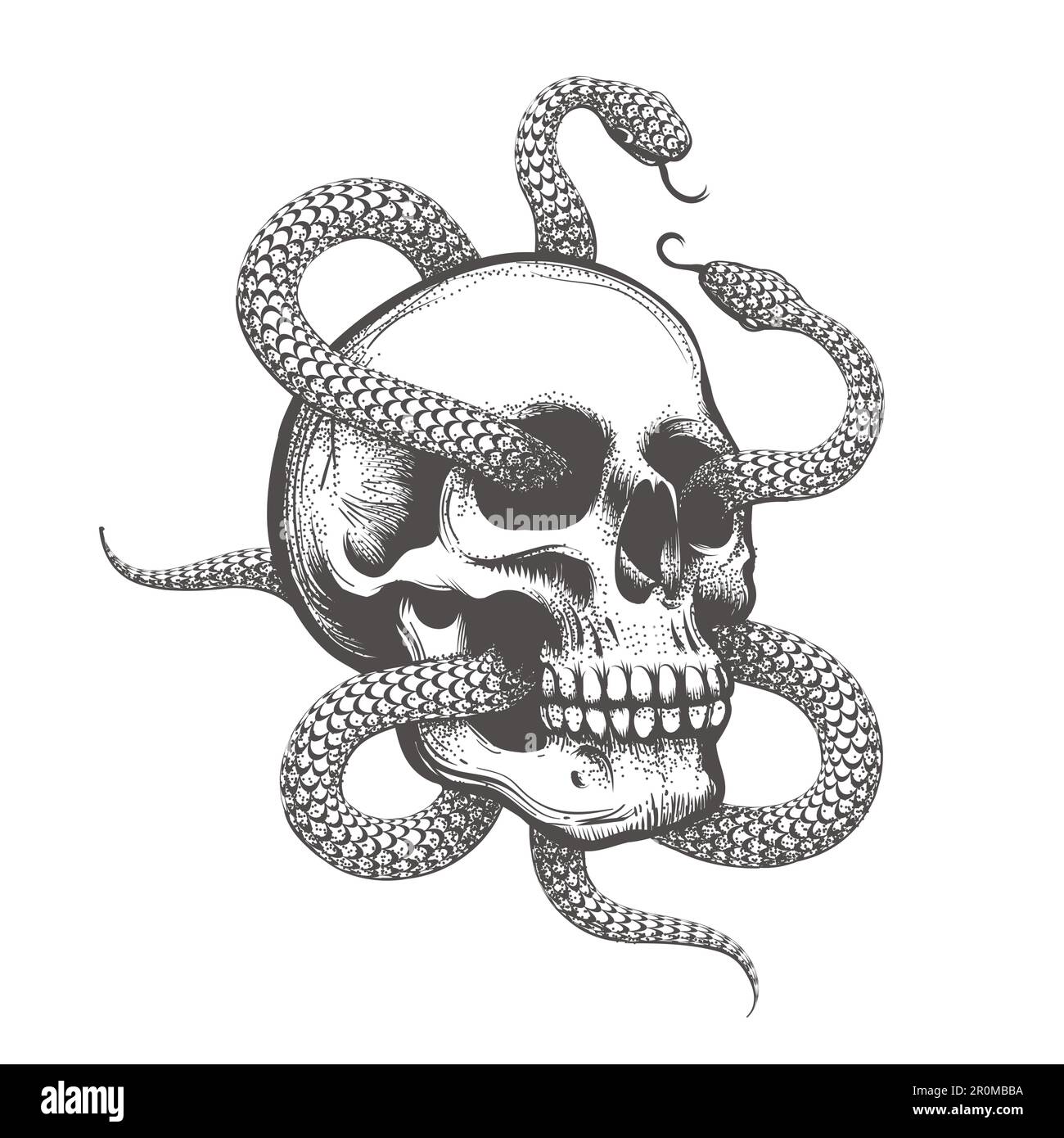 Tatuaggio monocromatico di cranio umano con due serpenti isolati su bianco. Illustrazione vettoriale Illustrazione Vettoriale