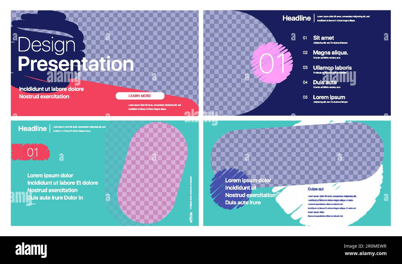 I modelli di presentazione creativa sono elementi su sfondo viola. Infografiche vettoriali. Illustrazione Vettoriale