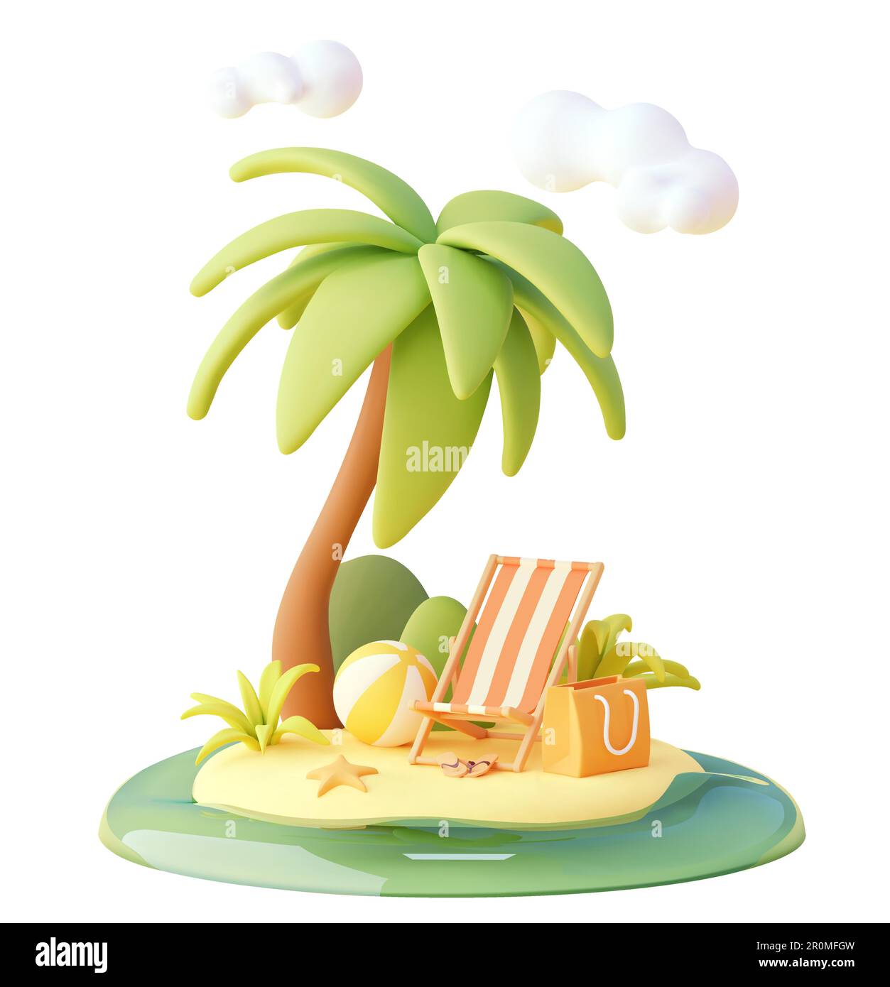 Viaggio vettoriale e vacanza estiva sulla spiaggia relax illustrazione. Sedia a sdraio su spiaggia sabbiosa, palme, infradito e Beach ball Illustrazione Vettoriale