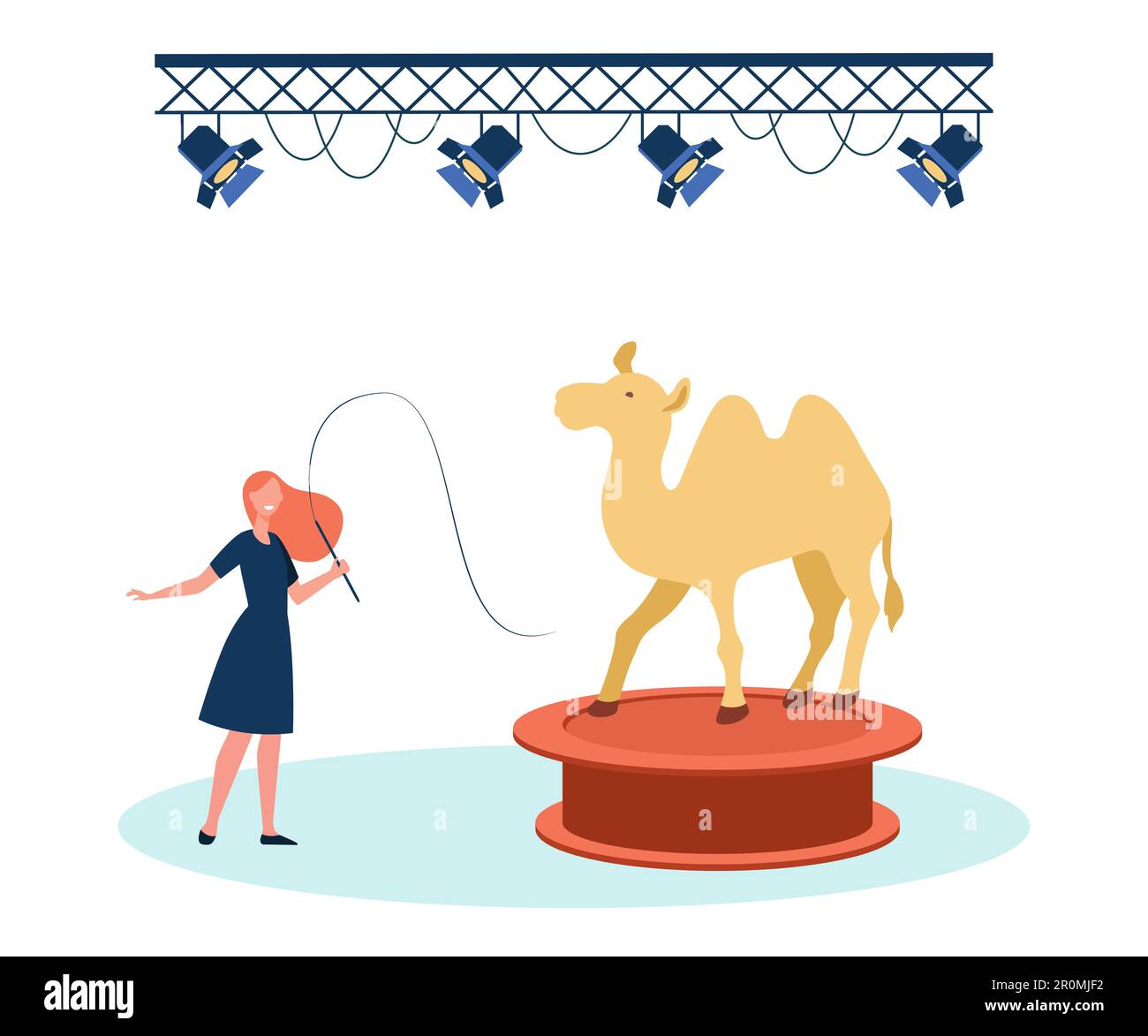 Buon allenatore di animali che si esibisce con il cammello sul palco Illustrazione Vettoriale