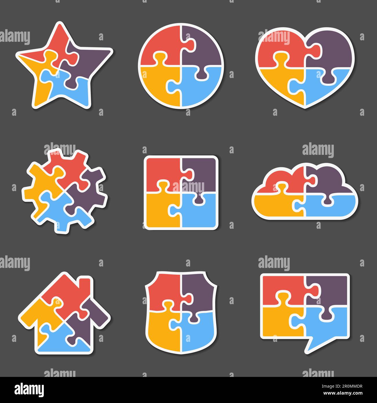 Set di diversi oggetti puzzle con quattro pezzi, vettore eps10 illustrazione Illustrazione Vettoriale