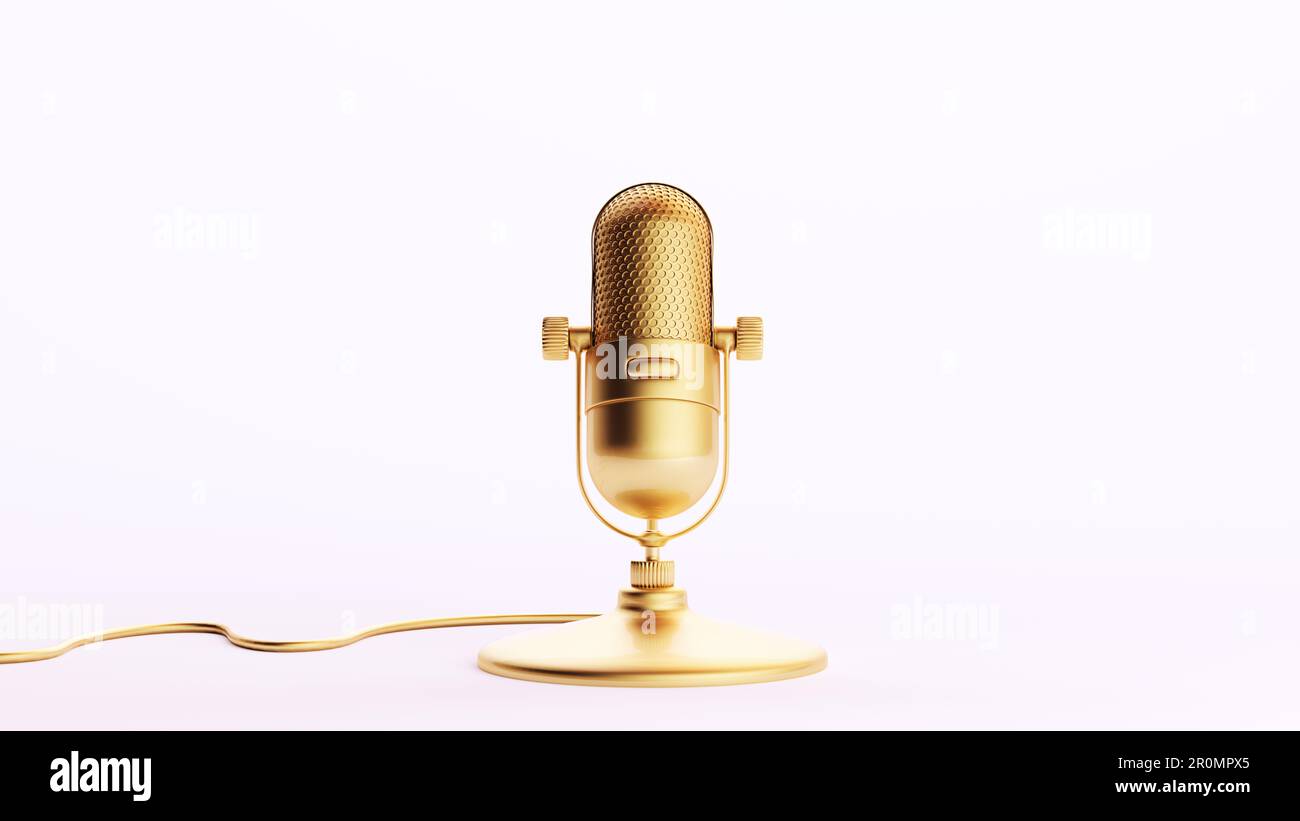 Oro Golden Microphone Luxury Trophy Symbol Art Wealth produzione decorativa White background 3D illustrazione rendering digitale Foto Stock