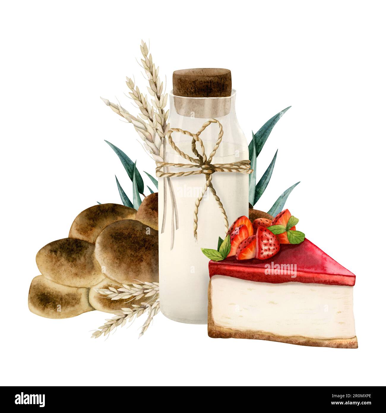 Modello di biglietto d'auguri per i simboli Shavuot acquerello con latte, frumento, torta di formaggio alle fragole, pane challah ed eucalipto Foto Stock