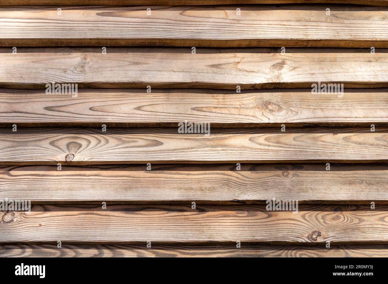 Parte della vecchia recinzione di tavole di pino impilate ordinatamente e strettamente l'una all'altra. Foto Stock