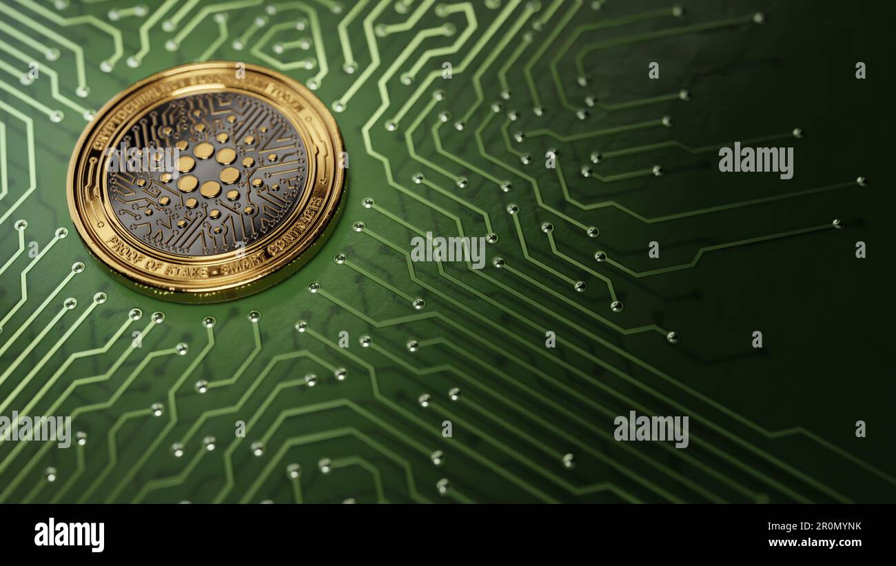 Immagine della moneta di criptovaluta sulla scheda elettronica Foto Stock
