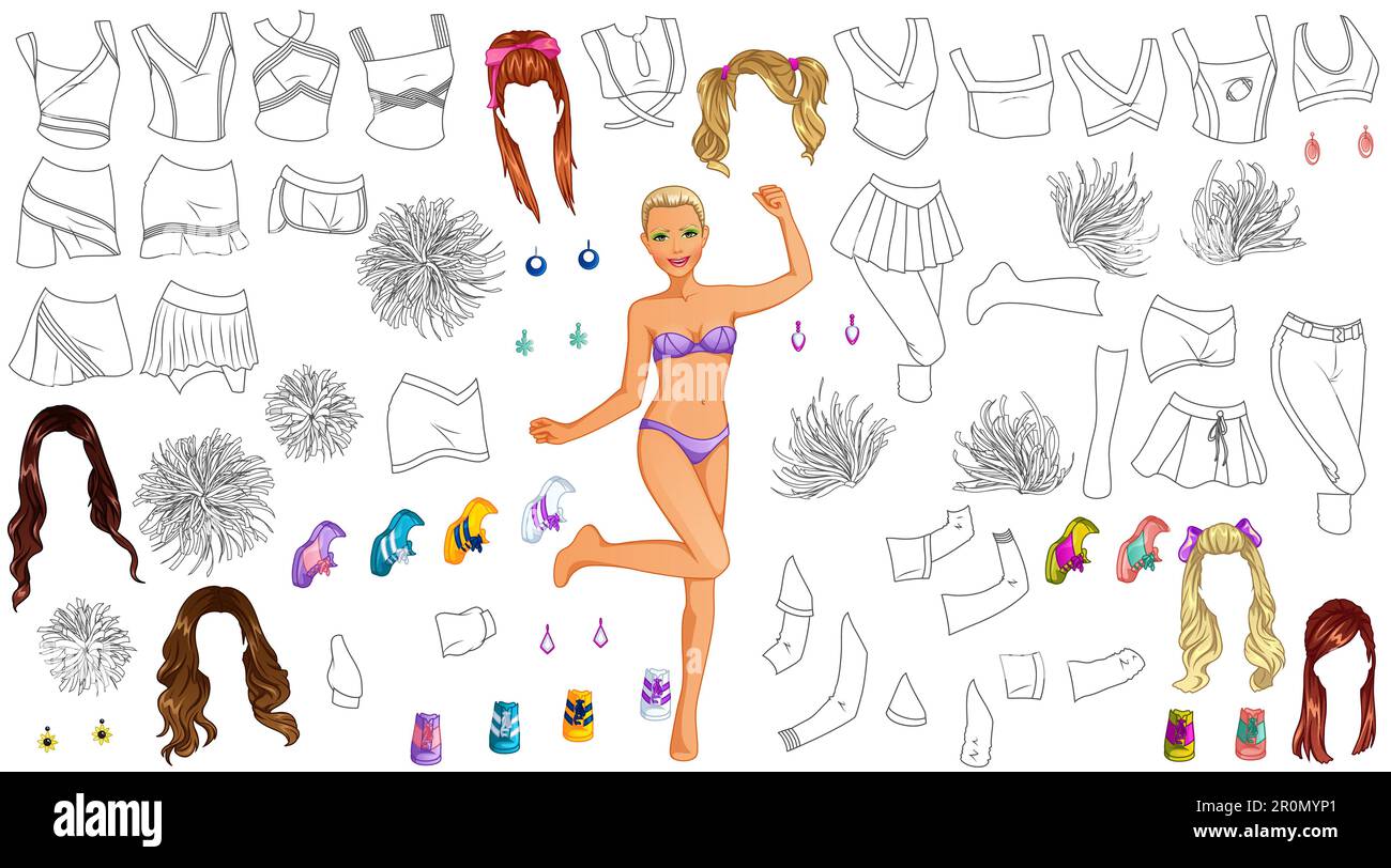 Bambola di carta da colorare cheerleader con abiti, acconciature, pomposi e accessori. Illustrazione vettoriale Illustrazione Vettoriale