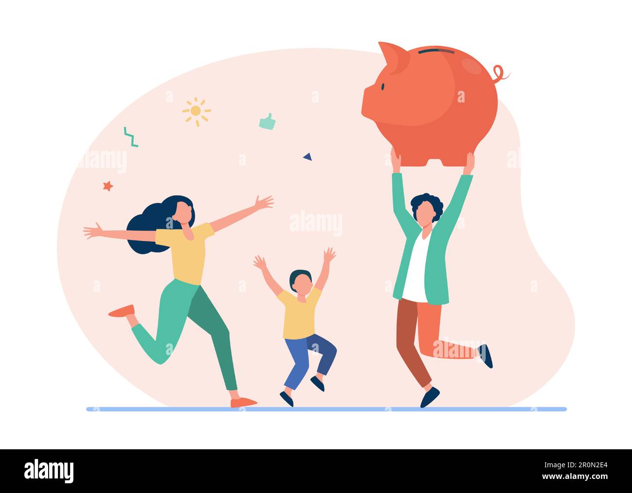 Felice famiglia saltando con enorme piggybank Illustrazione Vettoriale