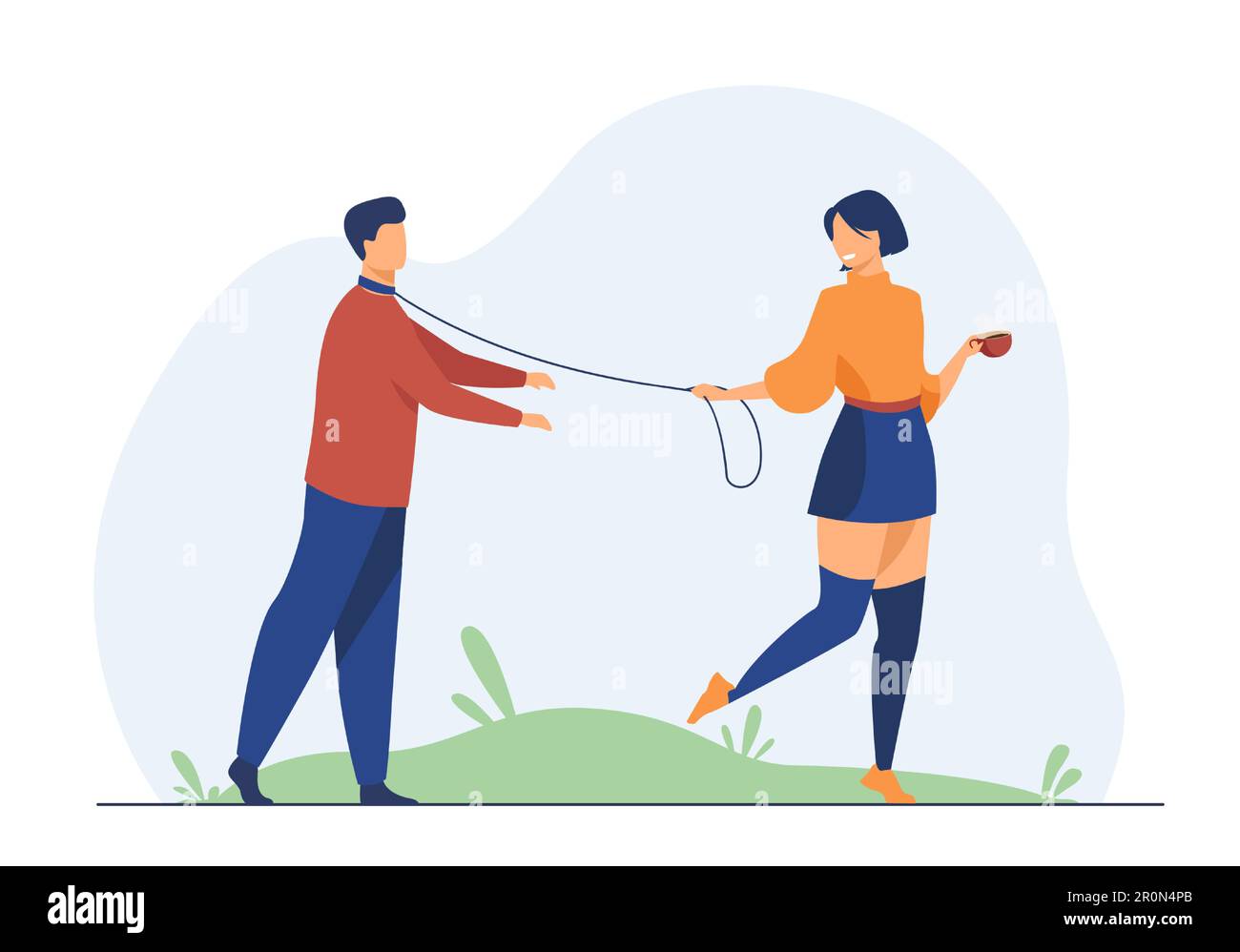 Donna allegra che conduce il ragazzo al guinzaglio Illustrazione Vettoriale