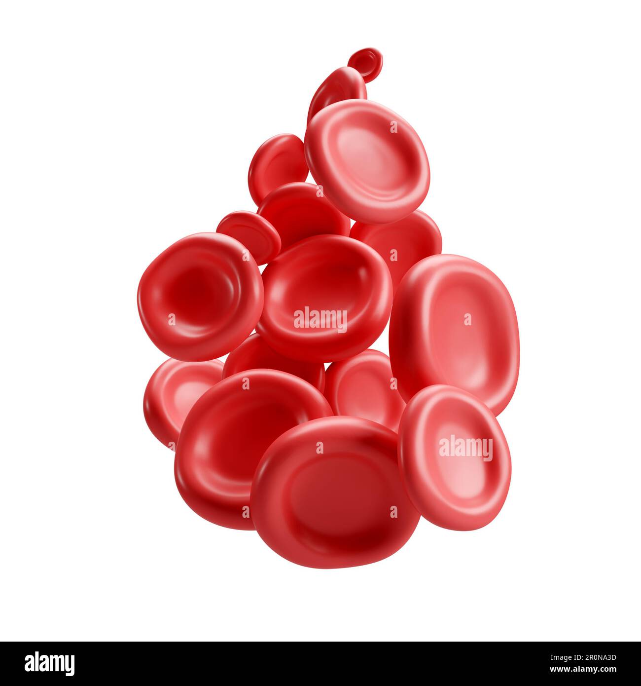 3d flusso di globuli rossi piastrine di ferro in forma di goccia. Rappresentazione realistica dell'analisi medica degli eritrociti su sfondo bianco con tracciato di ritaglio Foto Stock