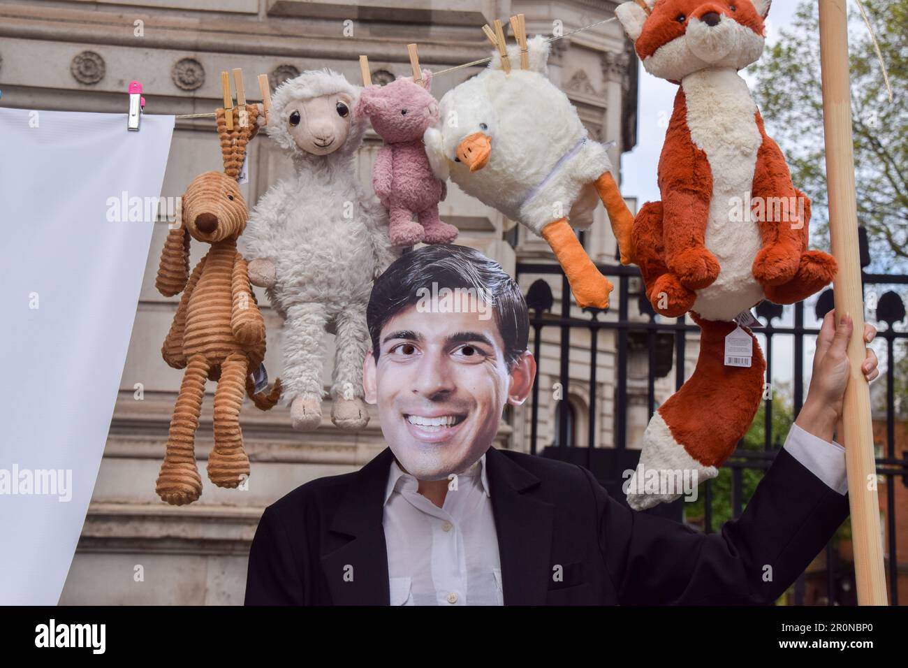 Londra, Regno Unito. 9th maggio 2023. Un manifestante vestito da primo ministro Rishi Sunak appende gli animali farciti su una linea di vestiti fuori Downing Street accanto a una bandiera che dice “Rishi, Stop appendere gli animali fuori per asciugare!” Gli attivisti per i diritti degli animali della PETA, dell’RSPCA e di vari altri gruppi hanno organizzato la protesta in occasione del due anni di anniversario del piano d’azione del governo per il benessere degli animali, invitando il governo a rafforzare gli standard di benessere degli animali e a garantire che il disegno di legge sul benessere degli animali (animali tenuti in gabbia) diventi legge. Credit: Vuk Valcic/Alamy Live News Foto Stock