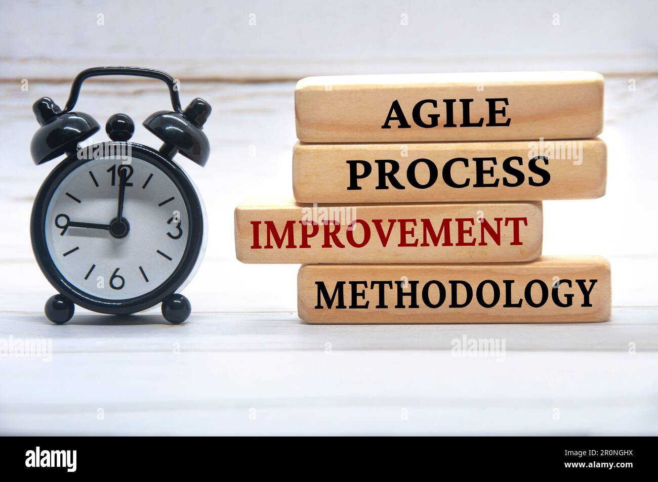 Testo della metodologia Agile Process Improvement su sfondo in legno con sfondo bianco. Foto Stock