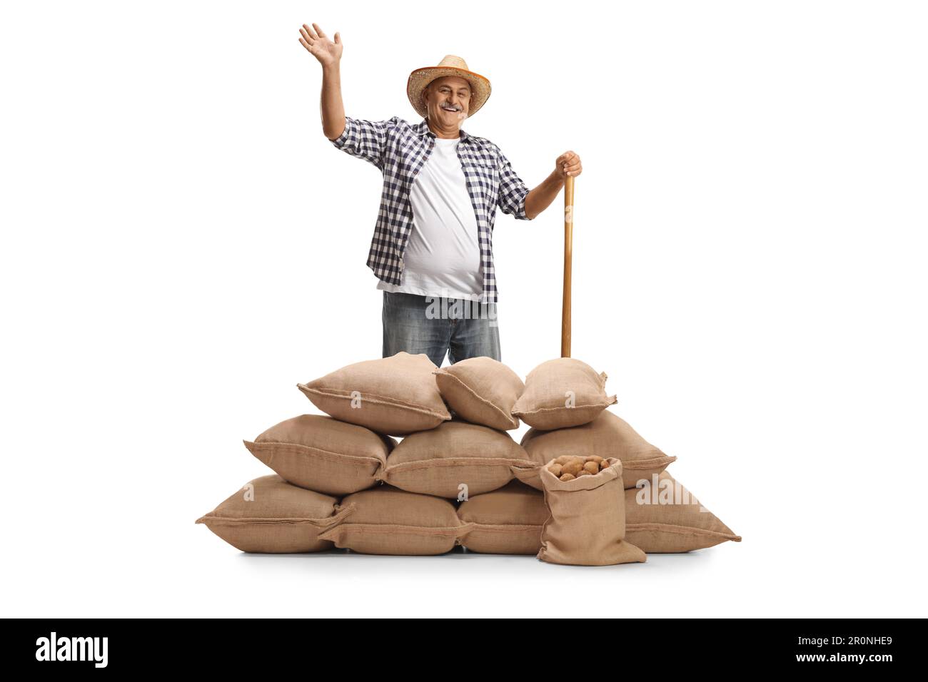 Sorridente contadino in piedi dietro sacchi di patate e ondeggiando isolato su sfondo bianco Foto Stock
