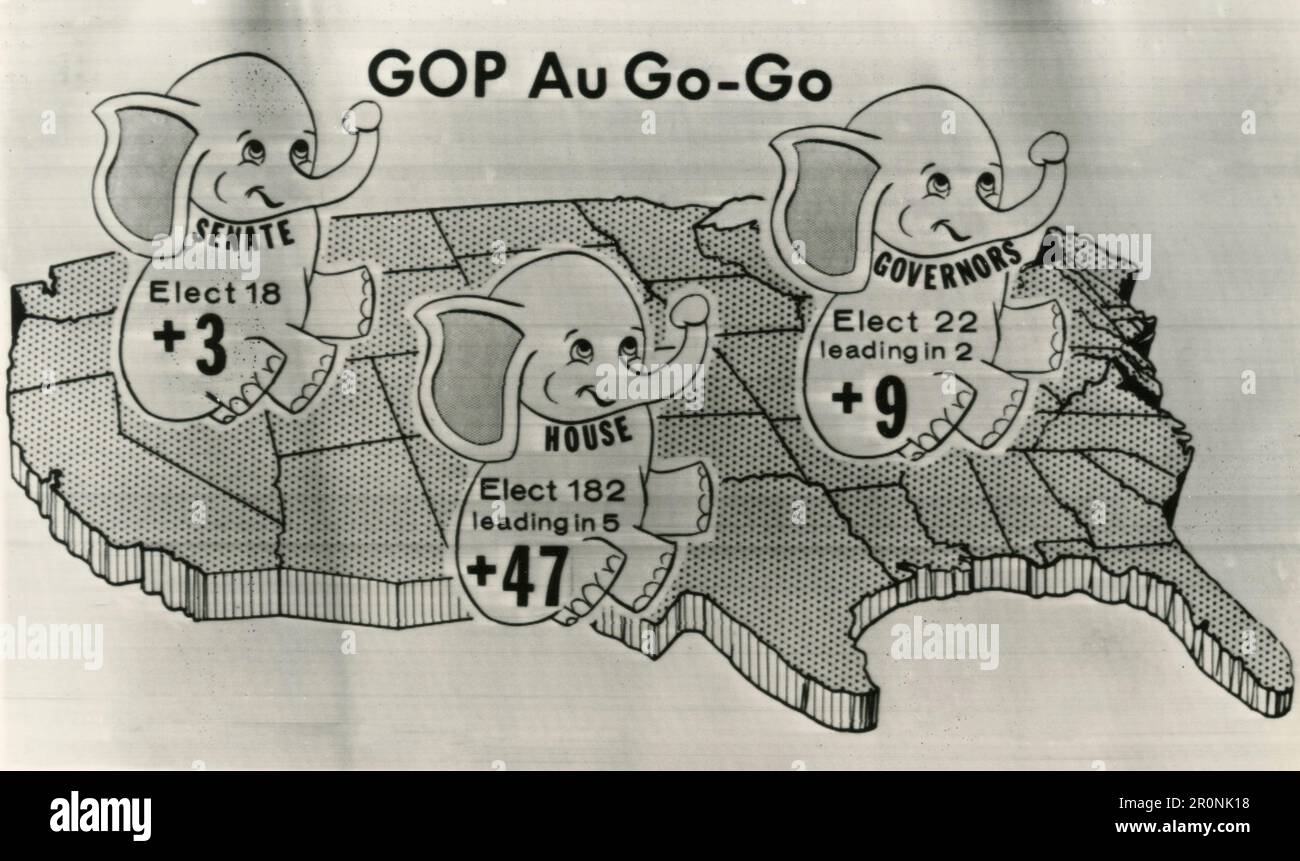 Il grafico della stampa unita individua i guadagni della GOP nelle elezioni del Senato, della Camera e del Governatore, USA 1966 Foto Stock