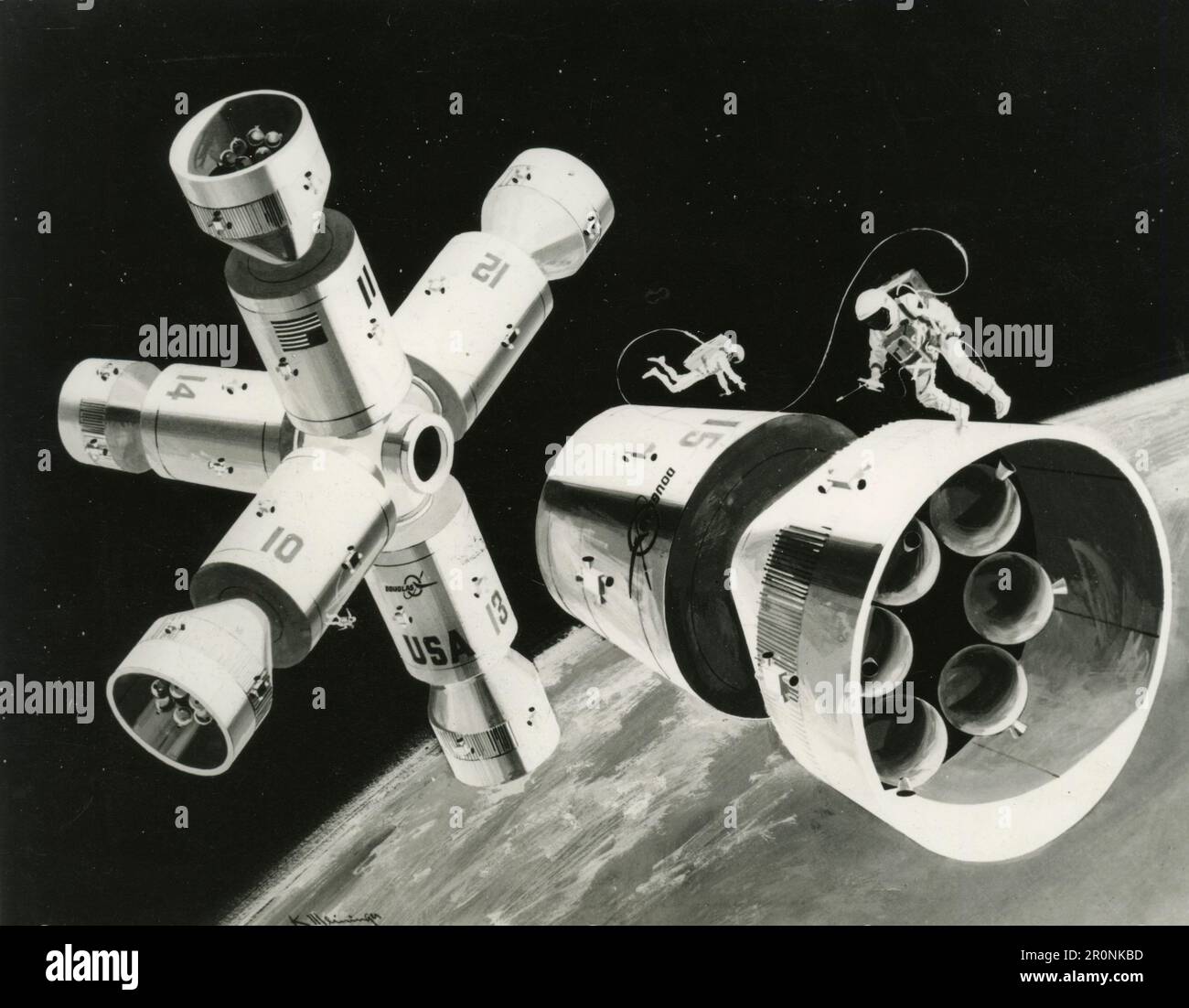 Rendering artistico di una stazione spaziale modulare immaginata, USA 1960s Foto Stock