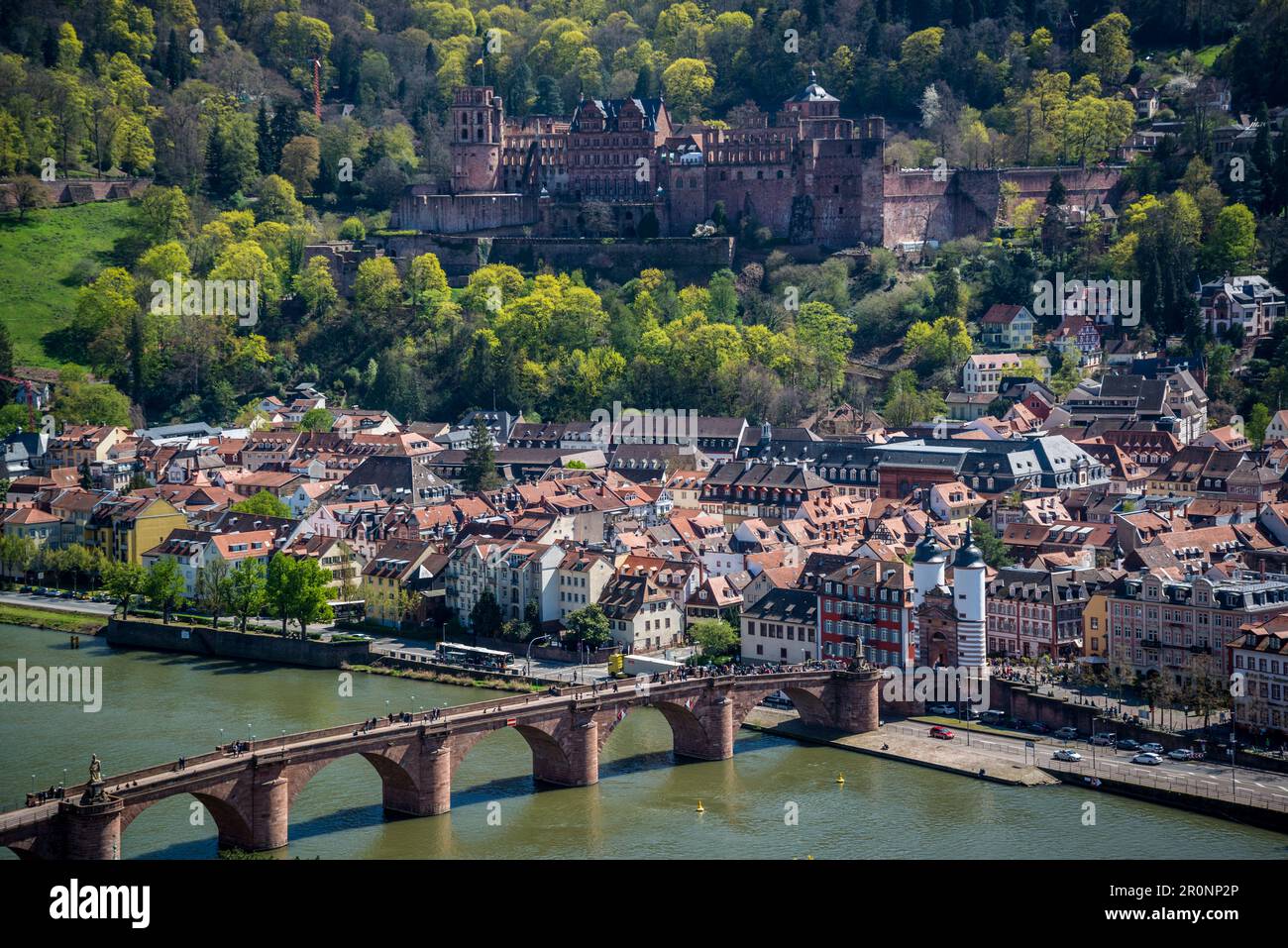 Heidelberg Castello sulla collina e il Ponte Vecchio sul fiume Neckar, Heidelberg, Germania Foto Stock