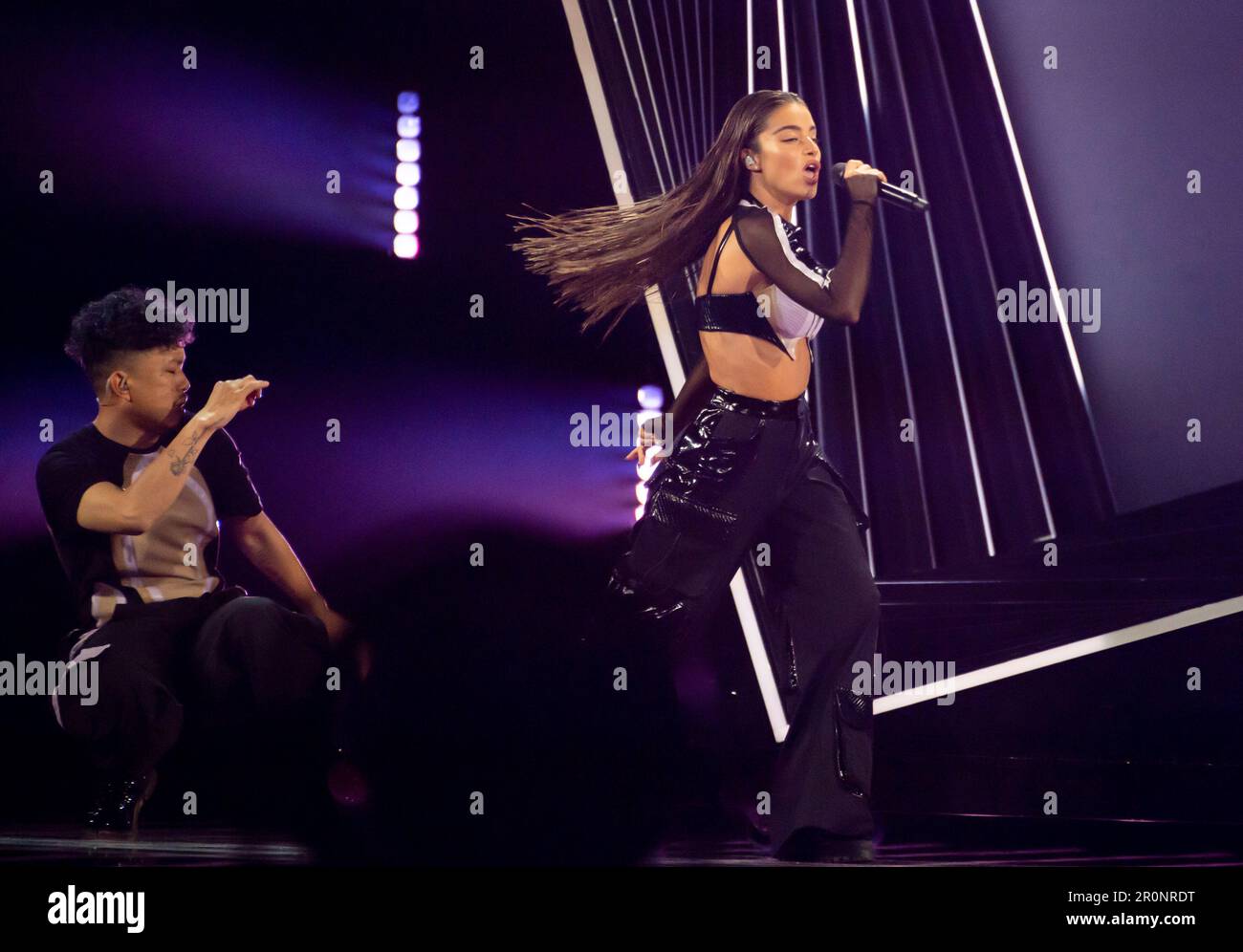 Liverpool, Regno Unito. 8 maggio 2023. Noa Kirel prova per Israele con la canzone Unicorn, all'arena di Liverpool Foto Stock