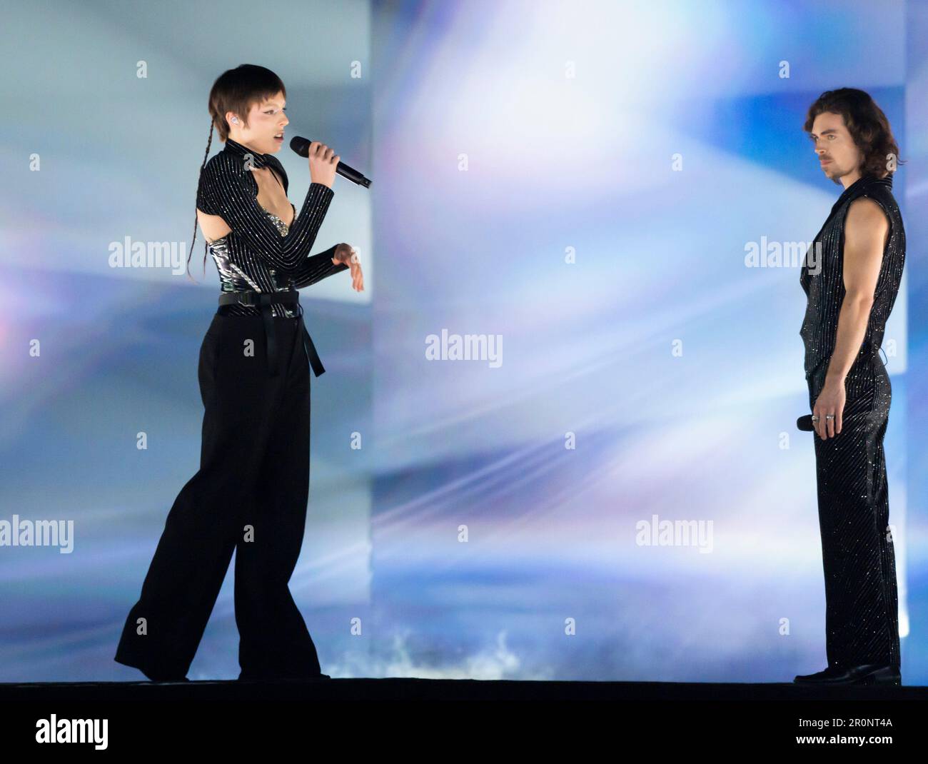 Liverpool, Regno Unito. 8 maggio 2023. Mia Nicolai e Dion Cooper provano per i Paesi Bassi con la canzone Burning Daylight, all'arena di Liverpool Foto Stock